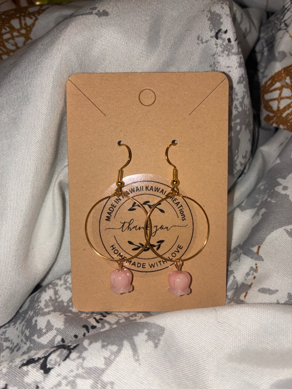 Handmade Gold Filled Hoop Earrings with Pink Crown Flower Drops
